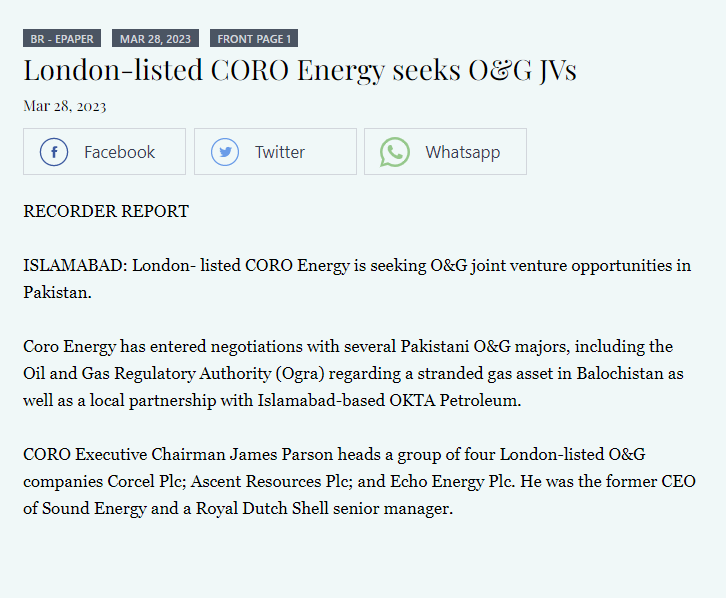 Exclusive! Coro Energy Confirmed; JV Talks on ‘Stranded’ 1.1Trillion Gas Asset! in Balochistan! (BUY)